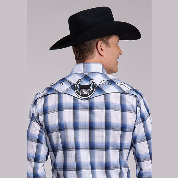 Roper® Men's Performance Snap Western Shirt - Black/Blue/White Plaid