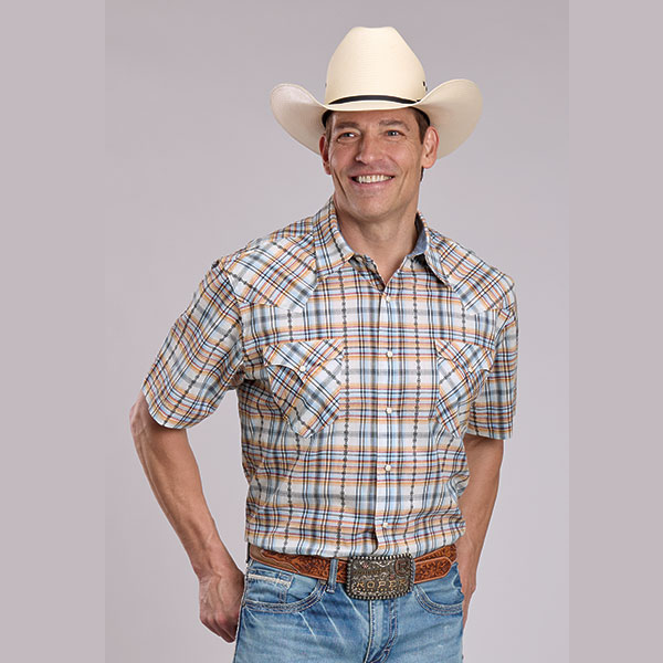 Roper® Men's Short Sleeve Performance Western Shirt - Cream Serape Plaid