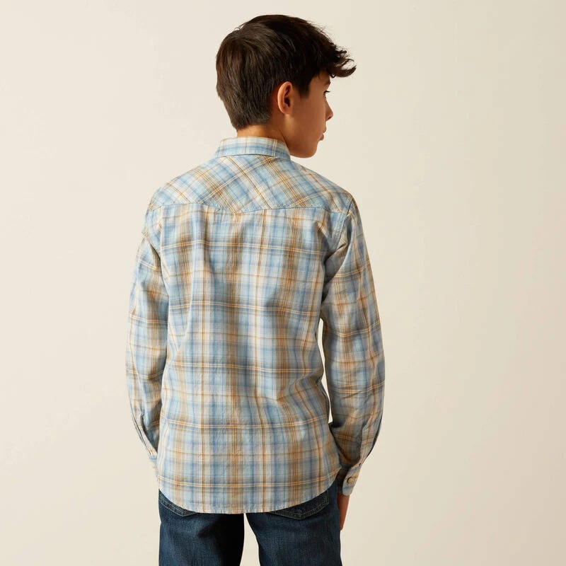 Ariat® Boy's "Retro Howe" Long Sleeve Western Shirt - Light Blue Plaid