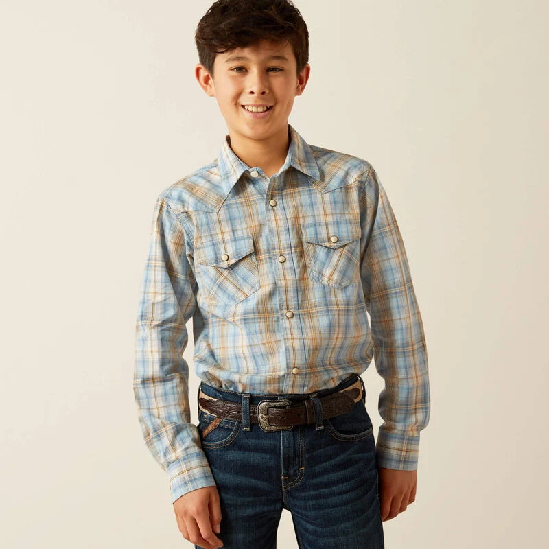Ariat® Boy's "Retro Howe" Long Sleeve Western Shirt - Light Blue Plaid