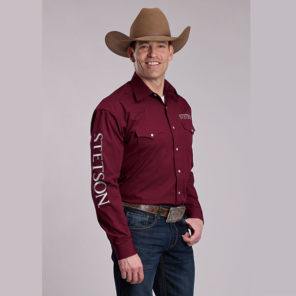 Stetson® Men's Long Sleeve Western Shirt - Wine Logo