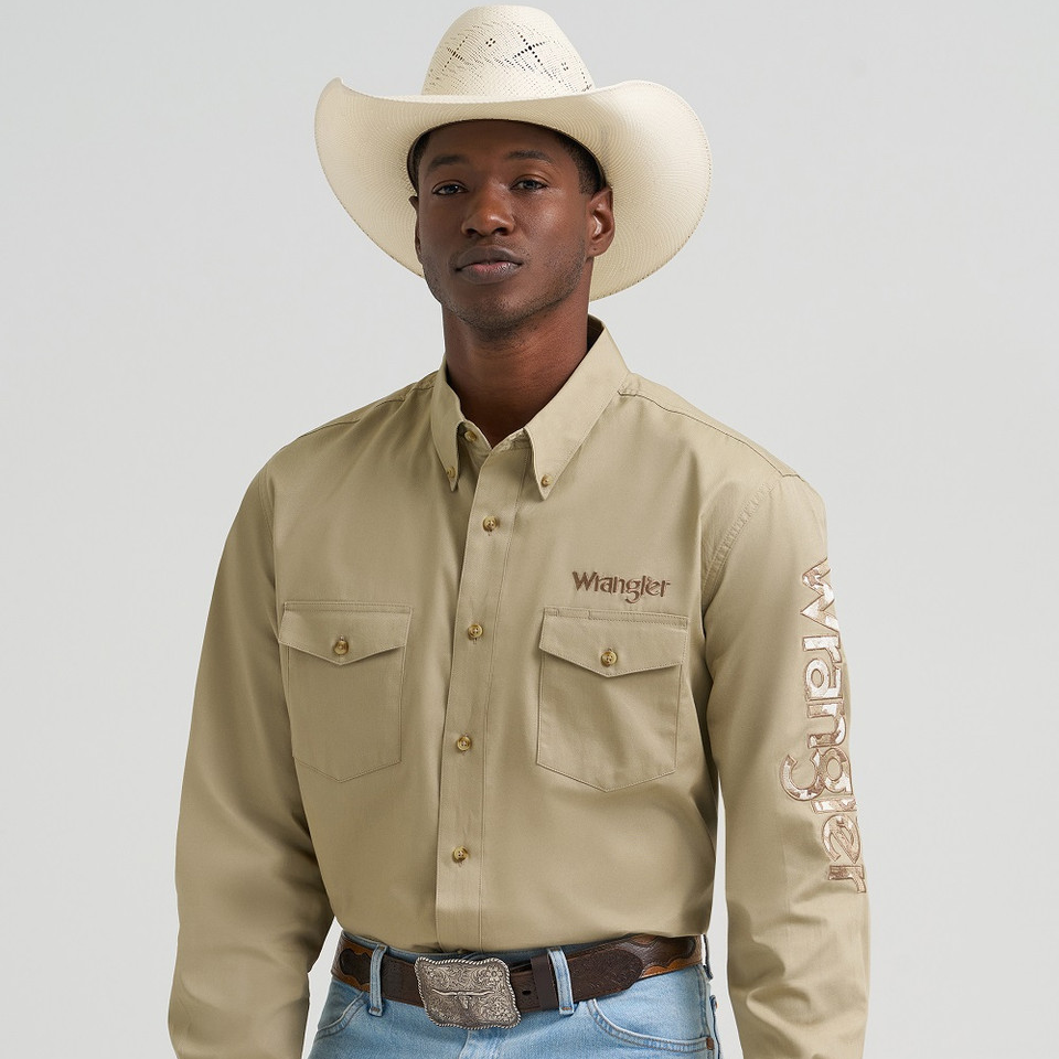 Wrangler® Men's Logo Long Sleeve Western Shirt - Khaki