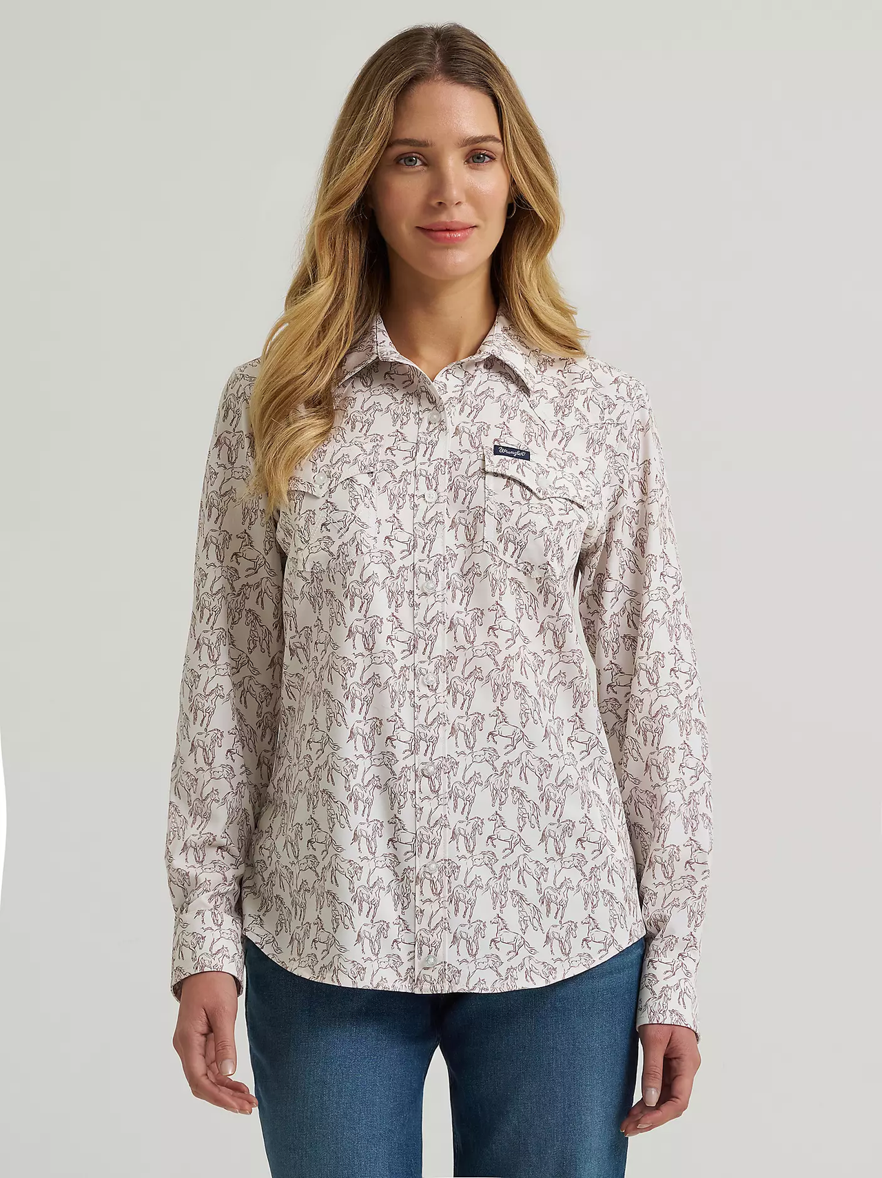 Wrangler® Women's "Aria" Performance Western Shirt - White Horse Print