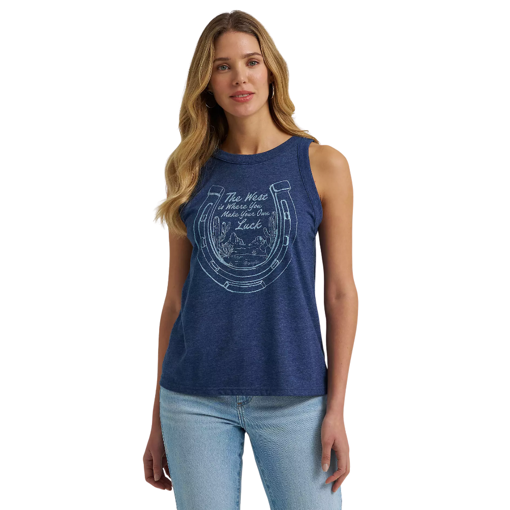 Wrangler® Women's "Make Your Own Luck" Graphic Tank Top - Pageant Blue Heather