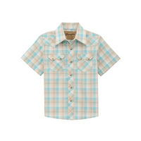Wrangler® Boy's Retro Short Sleeve Snap Western Shirt - Turquoise Plaid