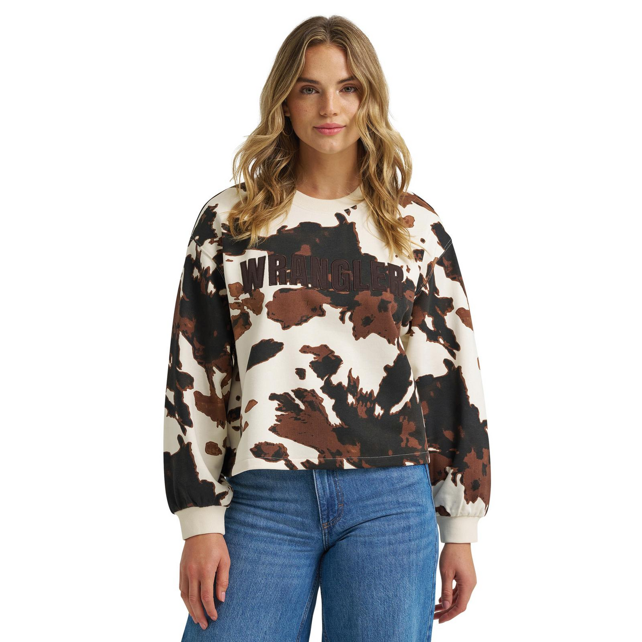 Wrangler® Women's Crew Fleece Pullover - Cow Print