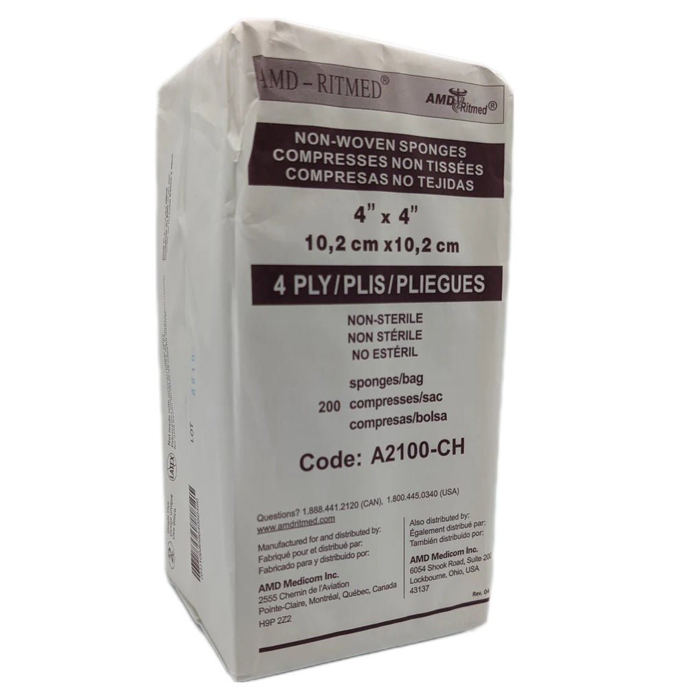 4" x 4" Non Woven Non-Sterile Ritmed Gauze Sponge, 4-Ply-2000/cs