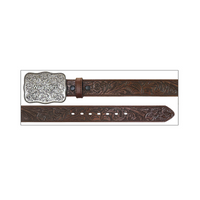 Wrangler® Men's Tooled Leather Belt & Buckle - Chocolate