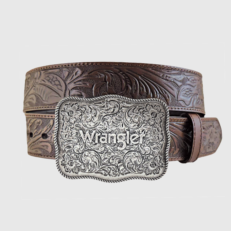 Wrangler® Men's Tooled Leather Belt & Buckle - Chocolate