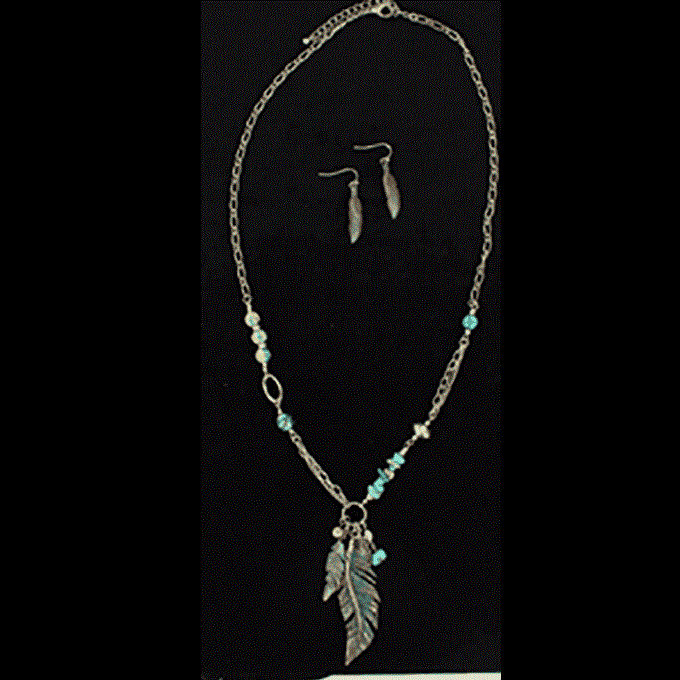 Blazin Roxx Necklace Set Patina Feathers Turquoise