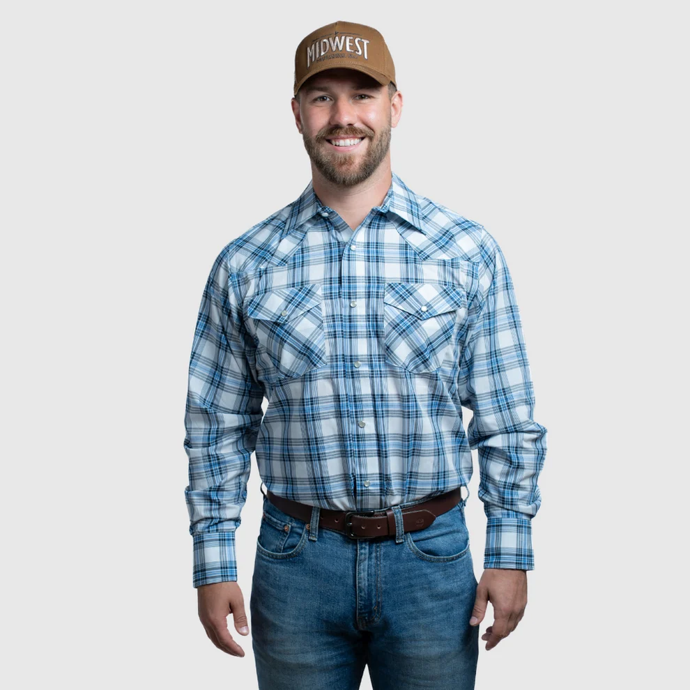 MWG® Men's Long Sleeve Plaid Western Shirt - Powder Blue
