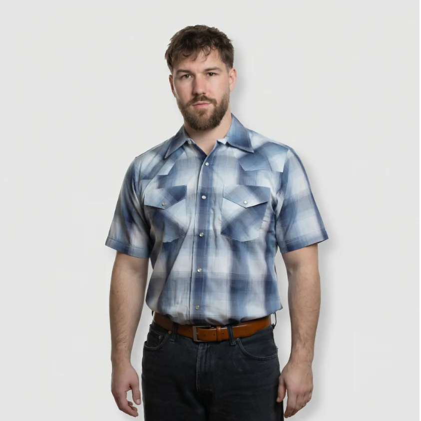 MWG® Men's Short Sleeved Western Shirt - Sky Blue Plaid