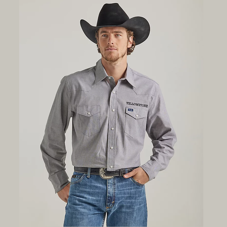 Wrangler x Yellowstone Men's Western Snap Shirt - Grey Chambray X-Large