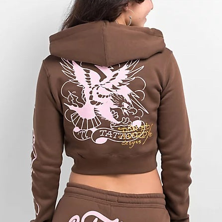Ed Hardy Tiger Mountain Cocoa Crop Zip Hoodie - Junior