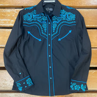 Modestone Women's Floral Embroidered Western Shirt - Blue & Black